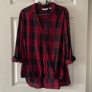 Deep V crisscross plaid top.